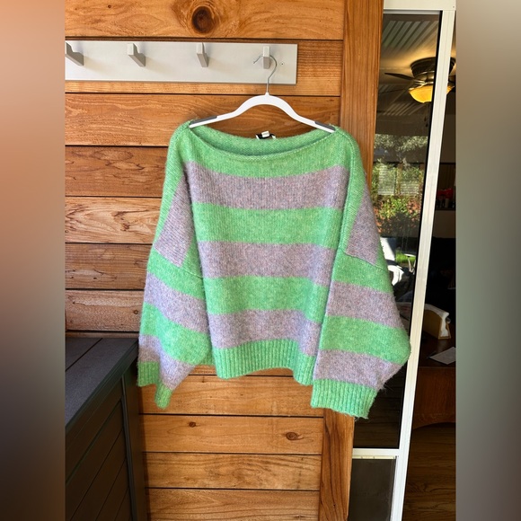 Topshop Cast Off the Shoulder Grey + Green Striped Oversize Crop Sweater, Size L - Picture 4 of 6